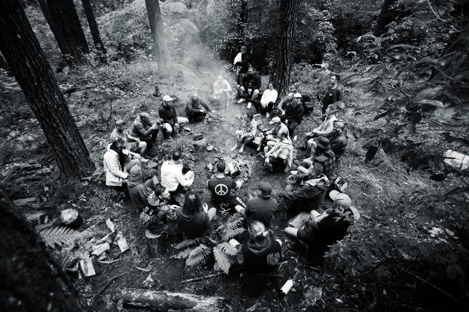 Aerial of a circle gathered in the forest