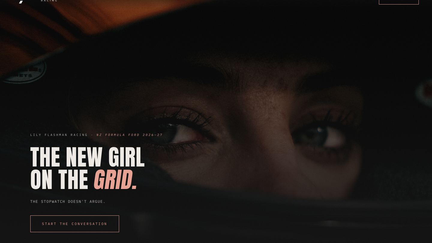 lilyflashman.com hero — ‘The new girl on the grid’ over Lily's eyes through the helmet visor