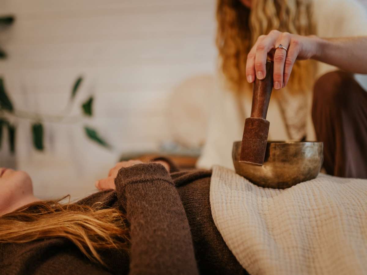 A singing bowl during a somatic breathwork session