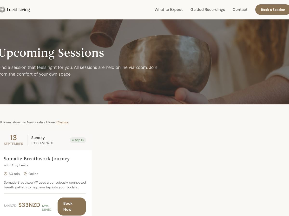 lucid.living/sessions — upcoming group sessions with booking cards