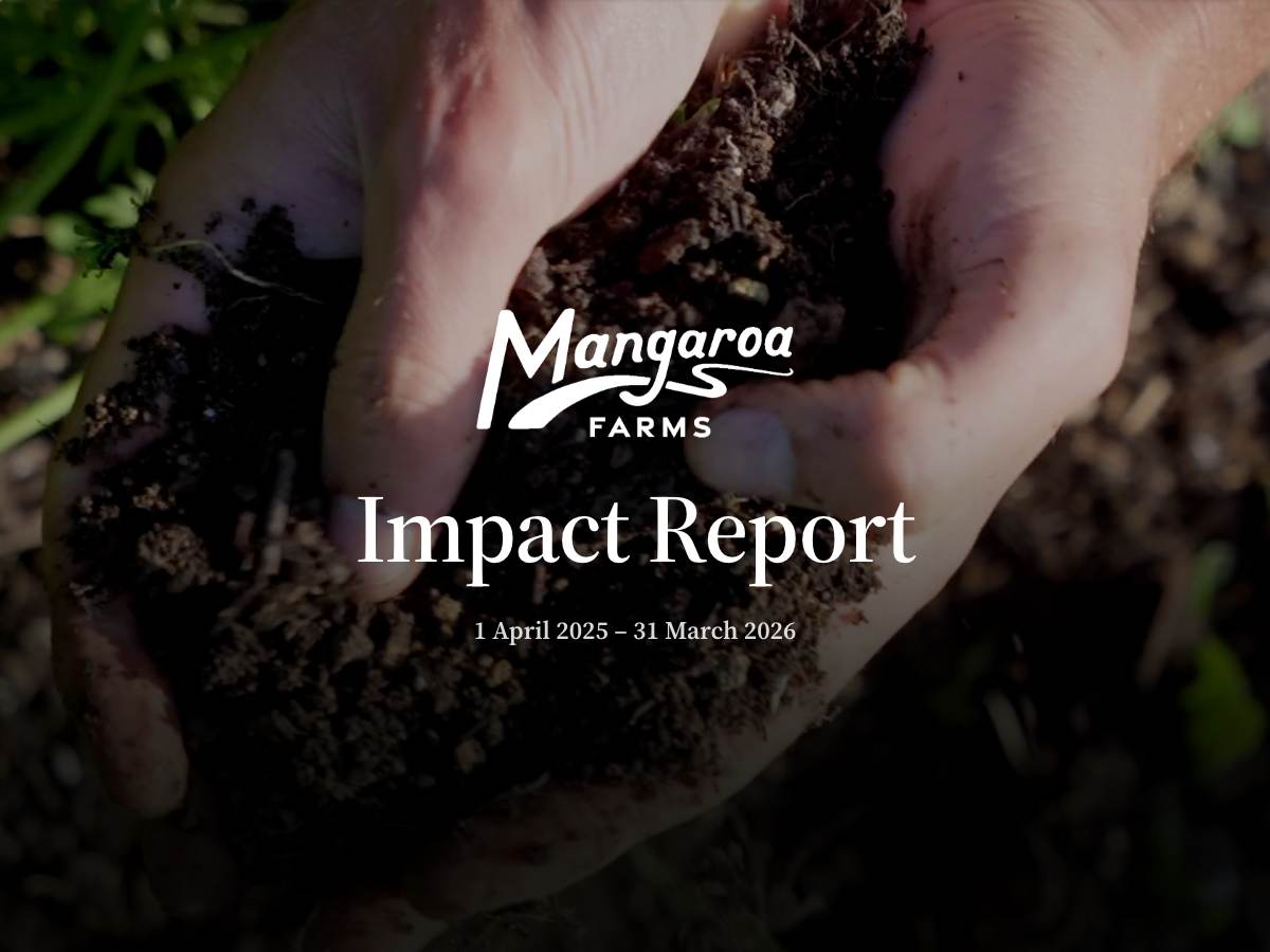 Cover of the FY26 Impact Report at impact.mangaroa.org — hands holding living soil